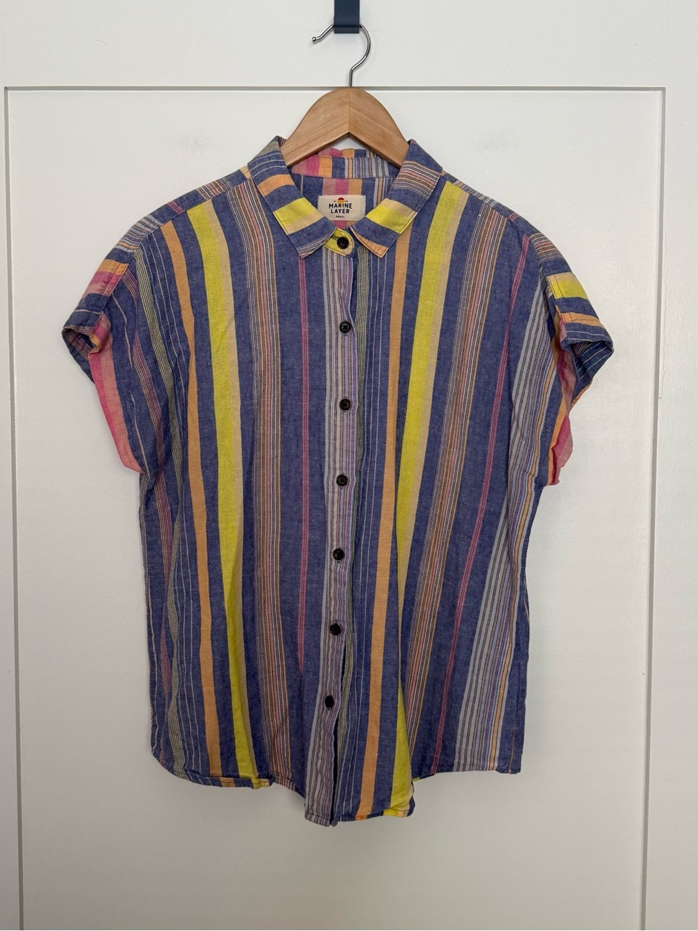 Marine Layer Shirt Womens Sz S Blue Yellow Striped Button Up Linen Blend Resort
